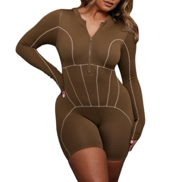PrettyLittleThing Shape Contrast Stitch Zip Up Unitard Espresso Brown Size Large - Picture 1 of 16